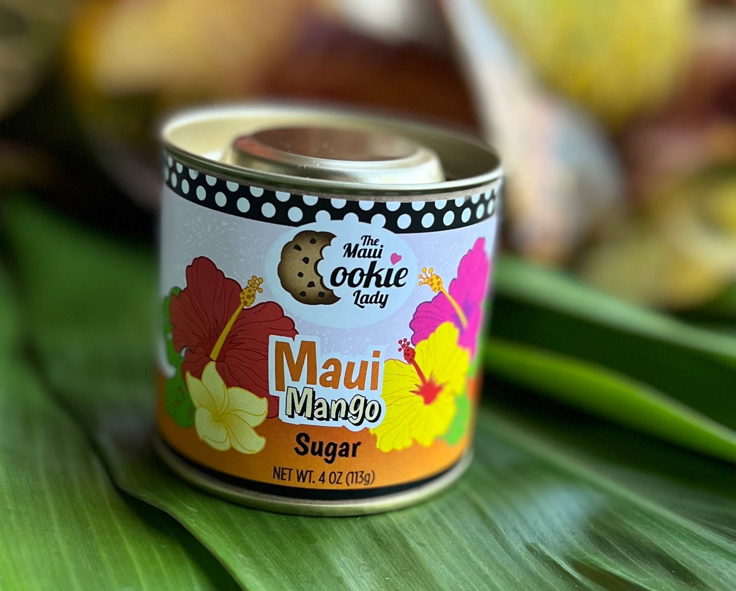 Mango Infused Organic Sugar, The Maui Cookie Lady 4oz tin can
