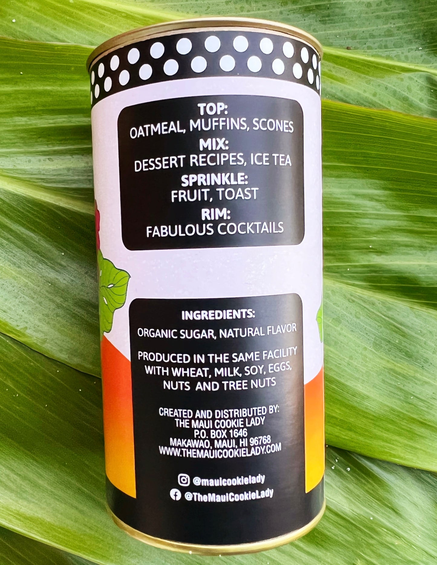 Mango Infused Organic Sugar, The Maui Cookie Lady 9oz tin can