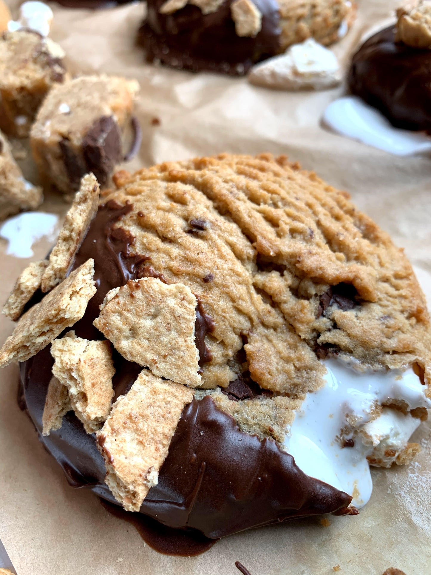 Smore-ish -PB Salted Marshmallow Fluff Stuffed Peanut Butter Dipped Cookie w Graham Crackers (Limited Supply)