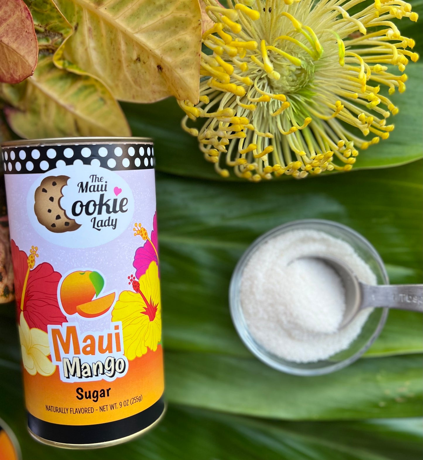 Mango Infused Organic Sugar, The Maui Cookie Lady 9oz tin can